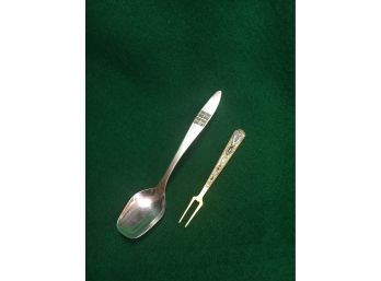 B28 2 Pieces Of Russian Silver, 916 Silver Spoon, 875 Silver And Enameled Fork