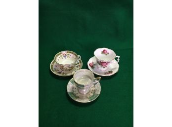 B49 Set Of 3 Teacups And Saucers, Wedgewood, Royal Crown, And Royal Albert
