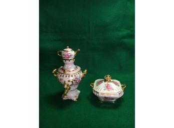 B57 Vintage Russian Gzhel Porcelain Samovar Tea Pot And Sugar Bowl