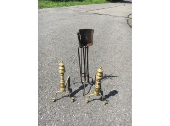 C23 Antique 1840's Brass Andirons And Iron Fireplace Tools On Stand