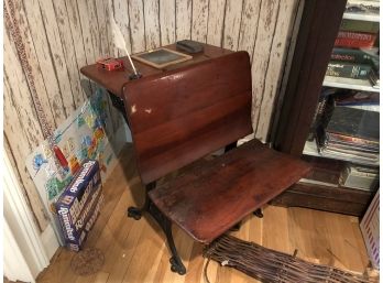 Old School Desk With Inkwell, Chalk And Chalkboard, Eraser, And Pickup Sticks Game