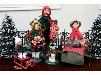 Set Of Four Byers' Choice Ltd. Holiday Dolls With Accessories, Fence, Dog, Bench And More