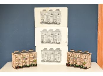 K5 - Set Of Six Department 56 Dickens Village Series Hand Painted Porcelain Mulberrie Court Brownstones