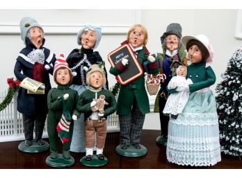 Set Of Seven Byers' Choice Ltd. Christmas Caroler Dolls With Fence And Christmas Tree