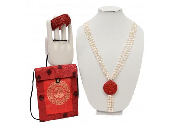Chinese Art Pearls With Carved Cinnabar Pendant + Carved Cinnabar Bangle Bracelets