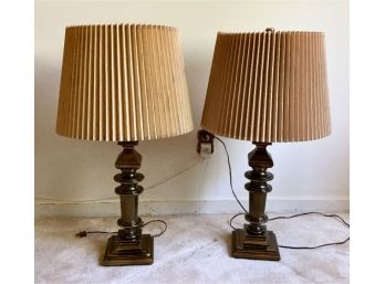 Pair Of Heavy Brass Lamps Pleated Shades.