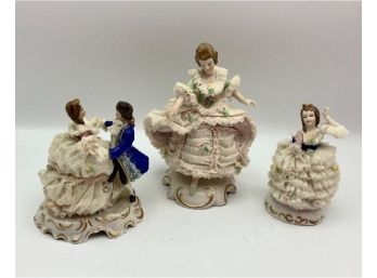 3 Porcelain Irish Dresden Lace Figurines ~ Man & Woman Dancing & More ~
