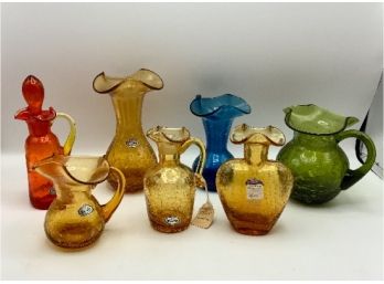 7 Pc Crackle Glass Lot ~ Hand Blown By Rainbow ~