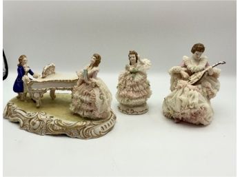 3 Irish Dresden Lace Figurines ~ Man Playing Piano W/Lady & 2 Lace Figurines ~