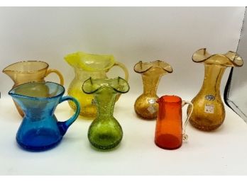 7 Pc Crackle Glass Lot ~ Hand Blown By Rainbow ~ Blue, Green, Amber & More