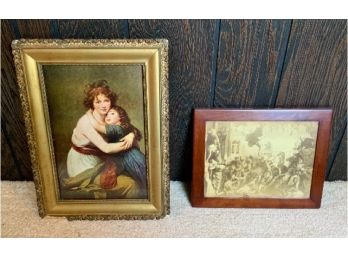 2 Antique Prints ~ Madame Le Brun And Her Daughter & Wood Framed Biblical Picture