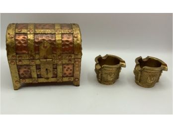 Beautiful Small Brass & Copper Chest  & 2 Brass Ashtrays ~ Made In Spain ~