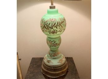 Beautiful Antique Green Glass Lamp W/Applied Flowers