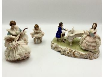 3 Pcs Of Irish Lace Dresden ~ Man Playing Piano With Lady Singing & More ~