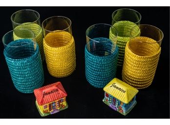 Six Beverage  Glasses With Colorful Straw Holders