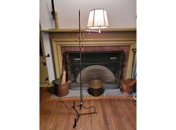 Vintage Brown Finish Wrought Iron Floor Lamp W/Fabric Shade