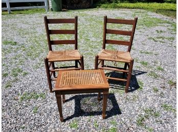 Trio Of Vintage Rush & Cane Chairs & Small Table