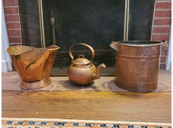 Great Assortment Of Vintage Copper Fireplace Buckets, Bins & Hand Hammered Tea Kettle