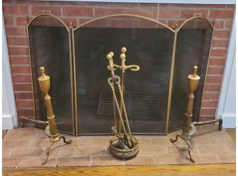 Vintage Brass & Black Mesh Fireplace Screen, Brass Andirons & Brass Fireplace Tools