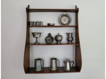 Vintage Pewter Assortment And Wooden Display Wall Shelf, Revere, Steiff & More