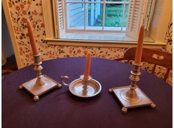 Three Vintage Pewter Candle Stick Holders