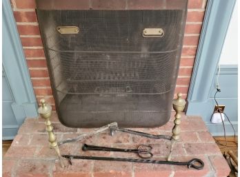 Vintage Fireplace Assortment, Screen, Tools & Brass Andirons