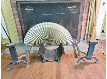 Vintage Fireplace Screen, Cast Iron Andirons, Cast Iron Log Holder & Accessories