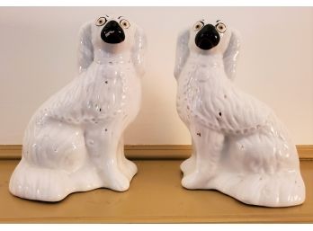 Two White English Staffordshire Porcelain Dogs - Vintage Pair Of King Charles Spaniel Figurines