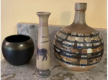 Two Pottery Pieces And One Stone Vase