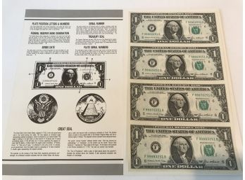 Two Uncut US Currency Sheets $1.00 And $2.00
