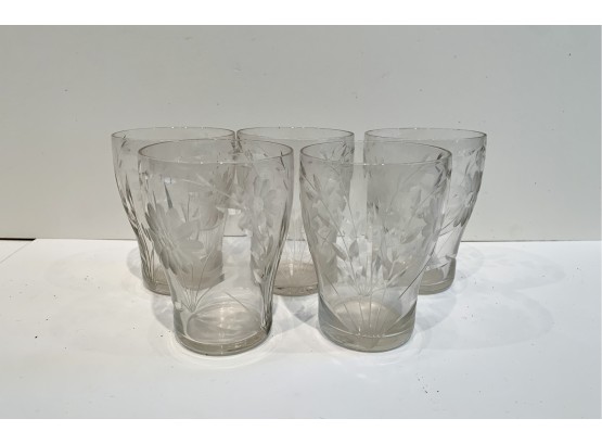 Set Of Five Glass Cups With Floral Etching