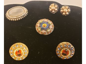 6pc Vintage Lot: Cultured Pearl Earrings, Rhinestone Pin, Florentine Micro-Mosaic Clip Earrings & Pin