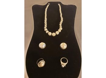 Lot Of Graduated Pearl Necklace - German Silver Ring , Pearl Ring & Cultured Pearl Dome Earrings