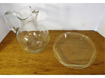 Mid Century Glass Pitcher And Pyrex Plate
