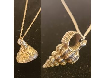 2 Vintage Sterling Seashell & Hershey Kiss Pendant Necklaces - Seashell Marked Sterling