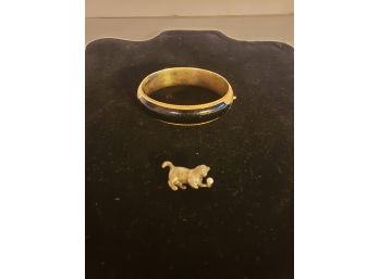 Lot Of (2) 19th Century Victorian Black Enamel Gold Filled Bracelet & Tie Tack Cat Pin