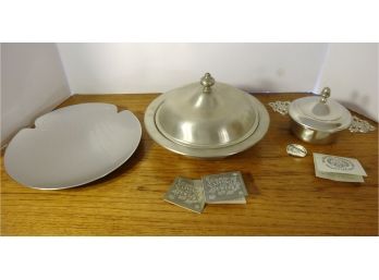 Lot Of Vintage Serving Pieces W/ Covered Pewter Bowls And Signed Kensington Marked Aluminum Seashell Plate