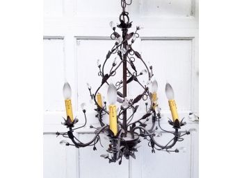 Whimsical Wrought Iron And Crystal Chandelier