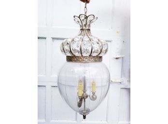 Large Etched Glass And Crystal Ceiling Fixture