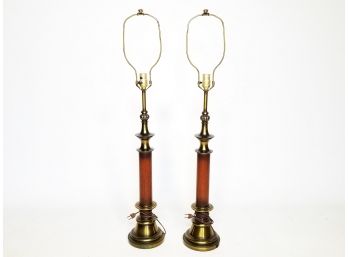 Pair Vintage Brass And Hardwood Lamps