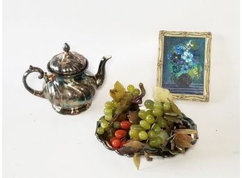 Glass Fruit, Teapot, And Miniature Oil Painting
