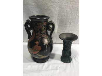 Solid Brass Asian  Vase And Black Clay Vase