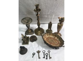 Assorted Brass Items  Plus Five Keys