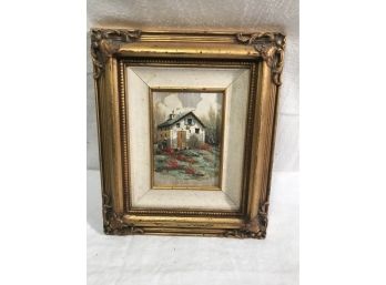 Small Oil Painting On Tin In Lovely Frame, Country Home