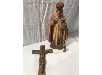 Antique Bisque Religious Statue And Brass Cross