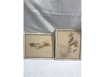 Antique Prints 'Never Drink The Water' & 'The Duck After The Swim'