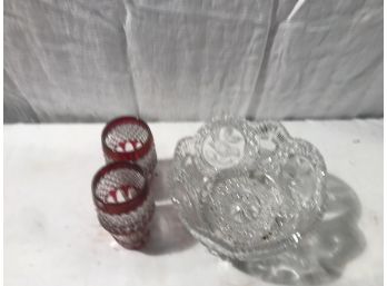 Cut Glass Bowl  And 2 Rose Tint Glasses