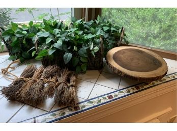Group Of Faux Ivy Planters & Interesting Wood Serving Stand.