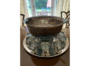 Very Large Oneida Silver Plate Punch Bowl And Underplate Along With Twelve Cups And Ladle