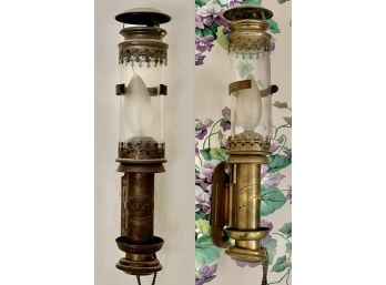 Pair Vintage French Brass P.L.M. Railroad Coach Lamps, Electrified